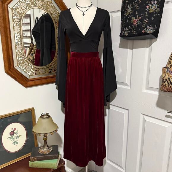 Vintage Dark Romantic Red Handmade Velvet Pleated Midi Skirt XS/XXS - Picture 2 of 8